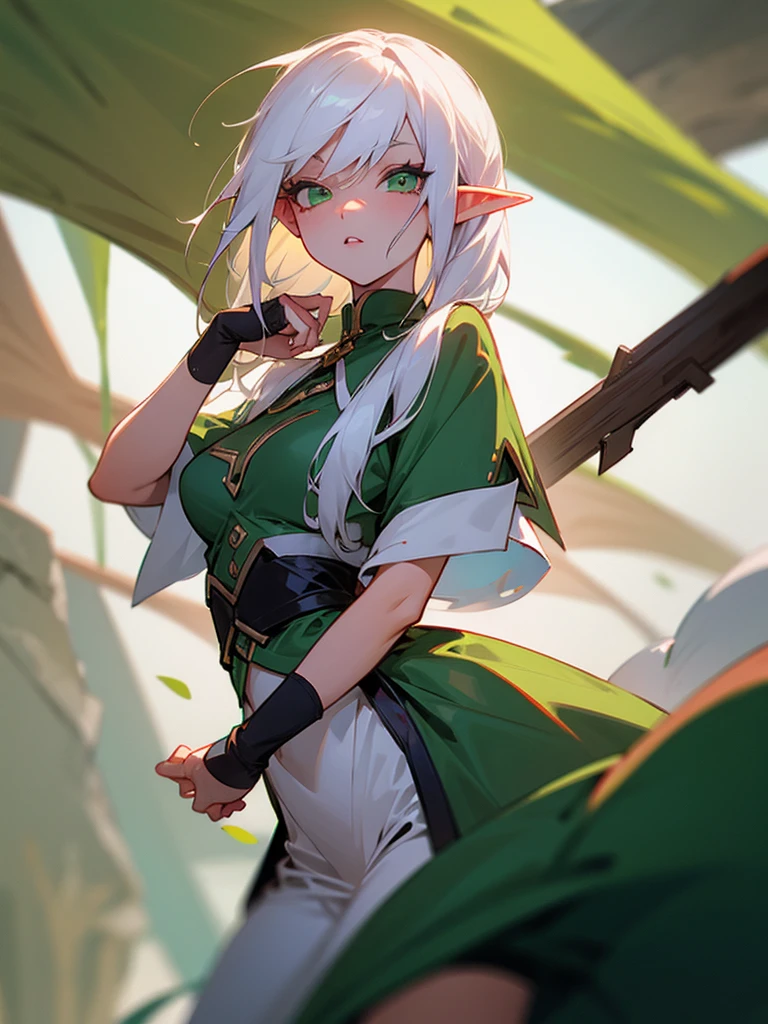 Hot girl elf, white hair, green eyes