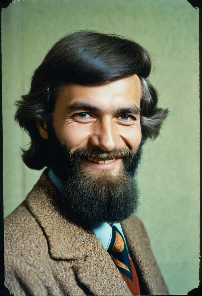 color photo, kind man, smileing, portrait photo, in 1980 style, USSR, photo taken in the apartment. The man has good facial features and a long beard.