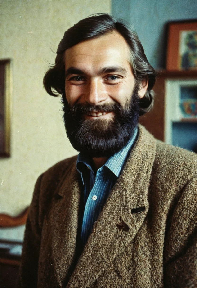 color photo, kind man, smileing, portrait photo, in 1980 style, USSR, photo taken in the apartment. The man has good facial features and a long beard.