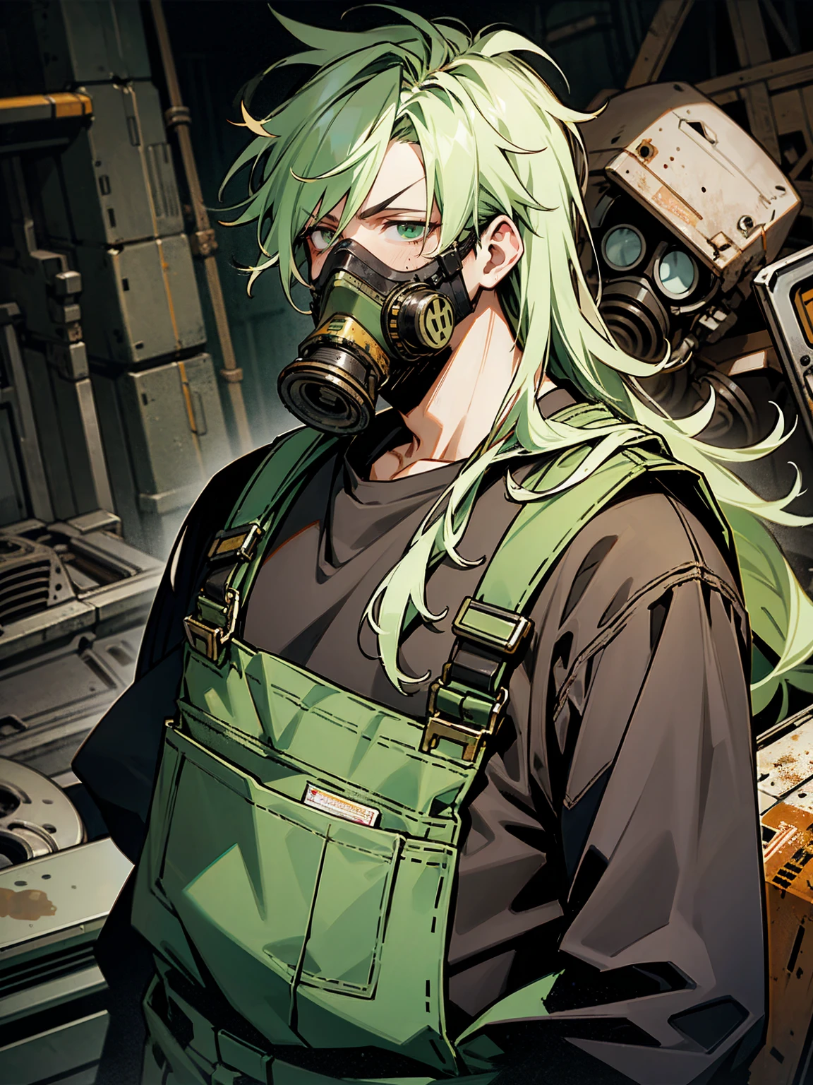 1male, green messy hair, long hair, dirty, stained overalls, goggles, scrap yard, serious expression, fat, gas mask