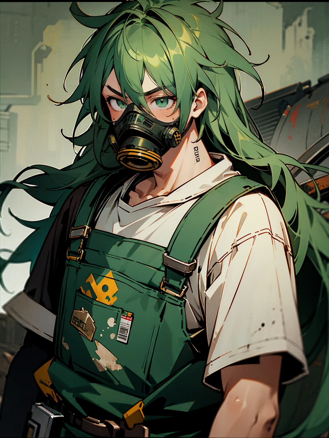 1male, green messy hair, long hair, dirty, stained overalls, goggles, scrap yard, serious expression, fat, gas mask