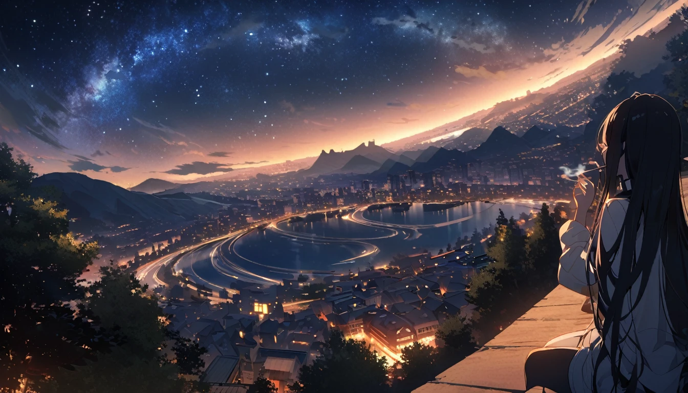 octans, sky, star (sky), scenery, starry sky, night, 1girl smoking, night sky, solo, outdoors, building, cloud, milky way, sitting, tree, long hair, city, silhouette, cityscape