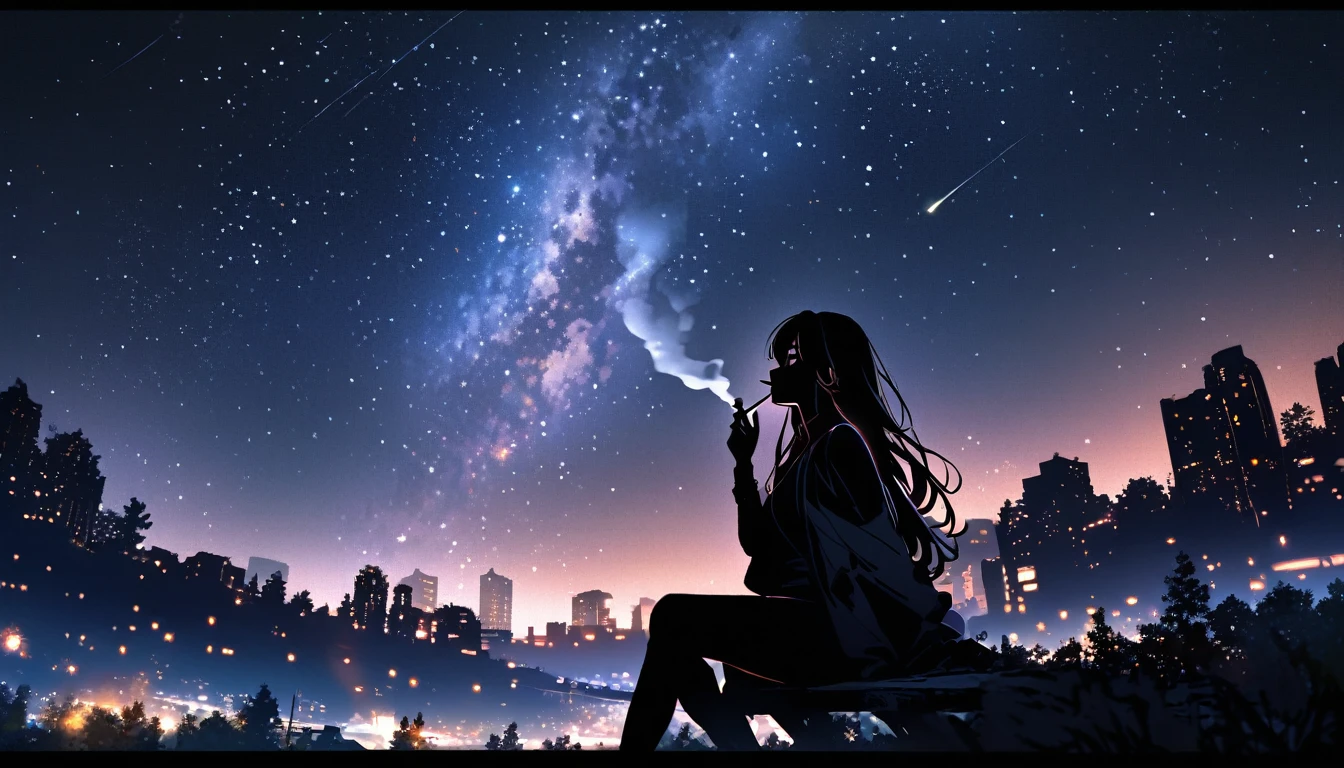 octans, sky, star (sky), scenery, starry sky, night, 1girl smoking, night sky, solo, outdoors, building, cloud, milky way, sitting, tree, long hair, city, silhouette, cityscape