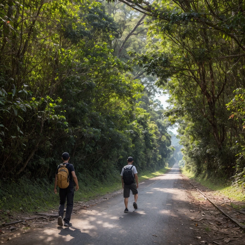 scene with the camera close to the ground, mostrando um adulto com mochila nas costas, like a survivalist and a small dog leaving a highway and heading towards a tropical forest, a qual parece ser abandonada, with many trees. Em primeiro plano, cogumelos estranhos soltando esporos no ar, as if it had the intention of infecting the boy who is walking and a shadow as if it were someone following the person