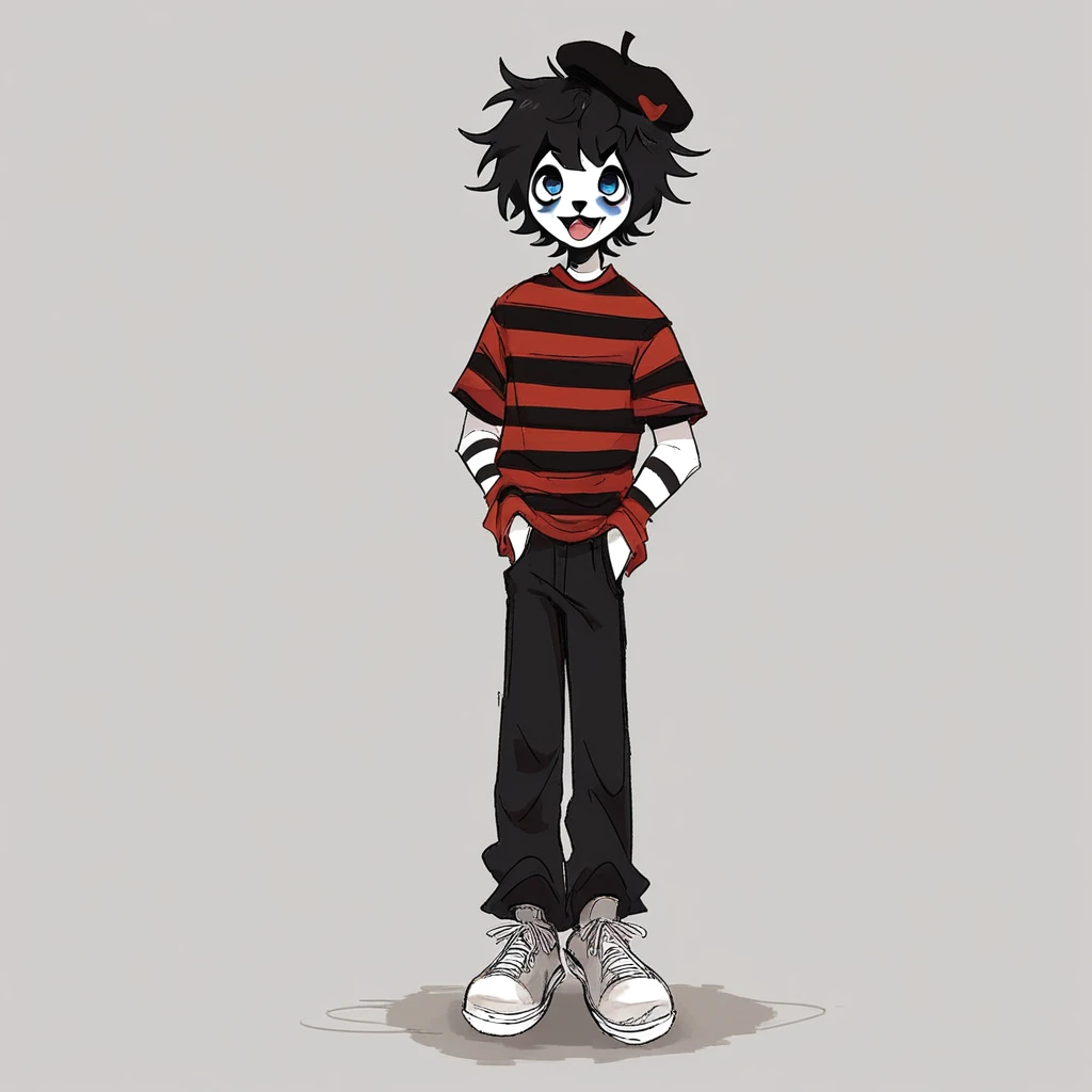 adult tall male mime, shirt grunge, sketchy lines, messy hair, black hair, wearing a beret, score_8_up, score_9_up,happy, has mime makeup on, wearing a mime outfit, dark blue eyes, performing on the streets of paris, showing full body, on a city street, solo, alone, (SOLO)(ALONE) Dancing, arms out, hands open