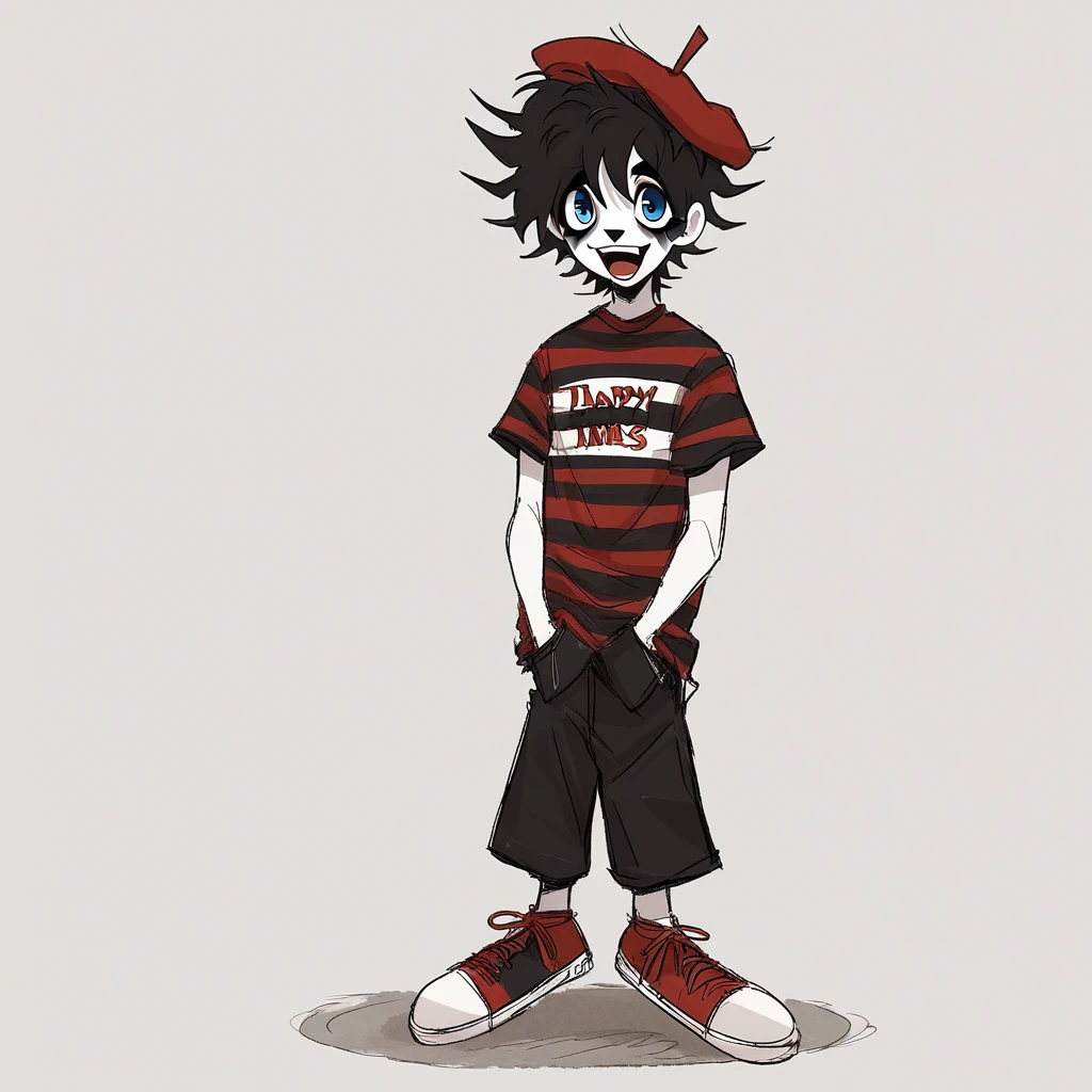 adult tall male mime, shirt grunge, sketchy lines, messy hair, black hair, wearing a beret, score_8_up, score_9_up,happy, has mime makeup on, wearing a mime outfit, dark blue eyes, performing on the streets of paris, showing full body, on a city street, solo, alone, (SOLO)(ALONE) Dancing, arms out, hands open