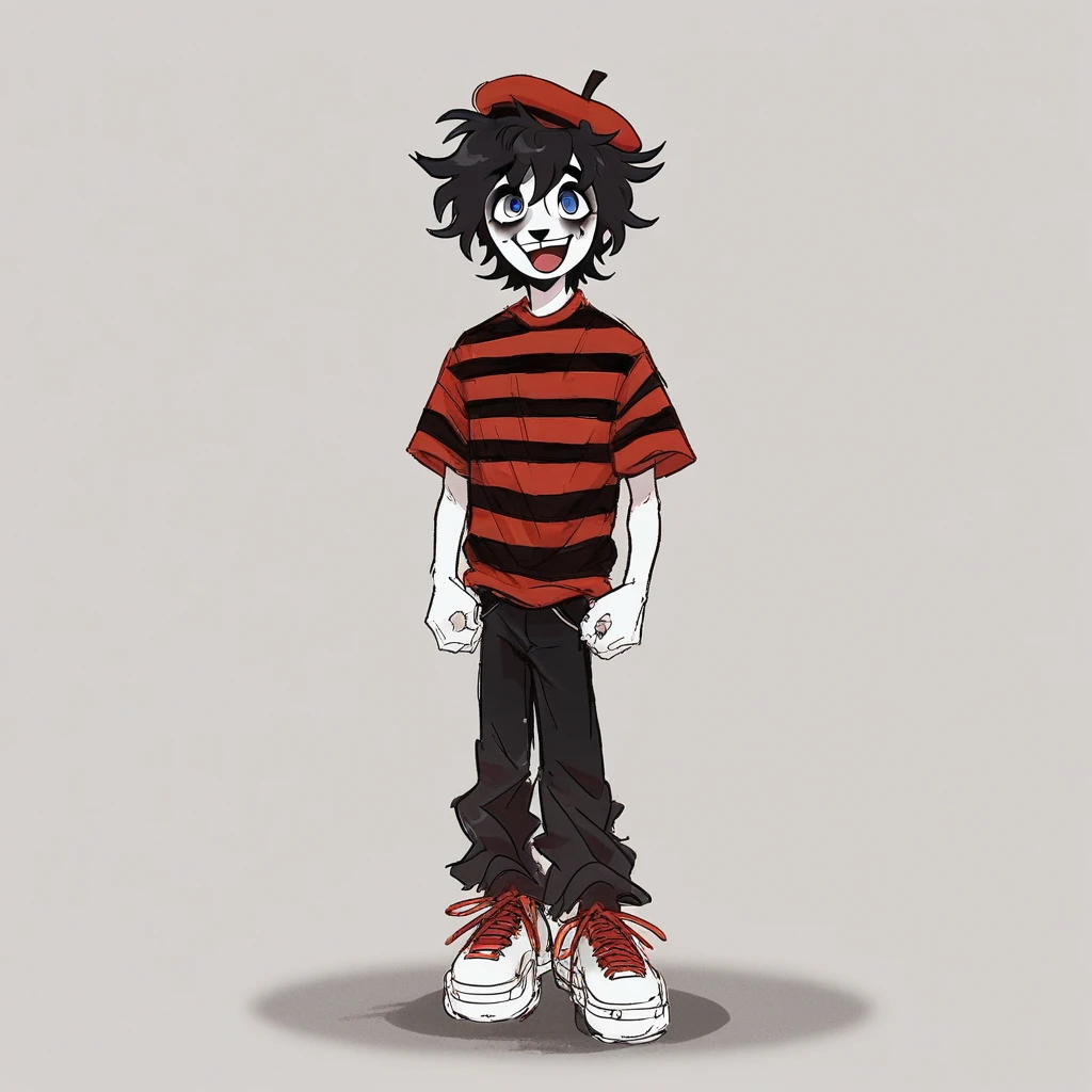 adult tall male mime, shirt grunge, sketchy lines, messy hair, black hair, wearing a beret, score_8_up, score_9_up,happy, has mime makeup on, wearing a mime outfit, dark blue eyes, performing on the streets of paris, showing full body, on a city street, solo, alone, (SOLO)(ALONE) Dancing, arms out, hands open