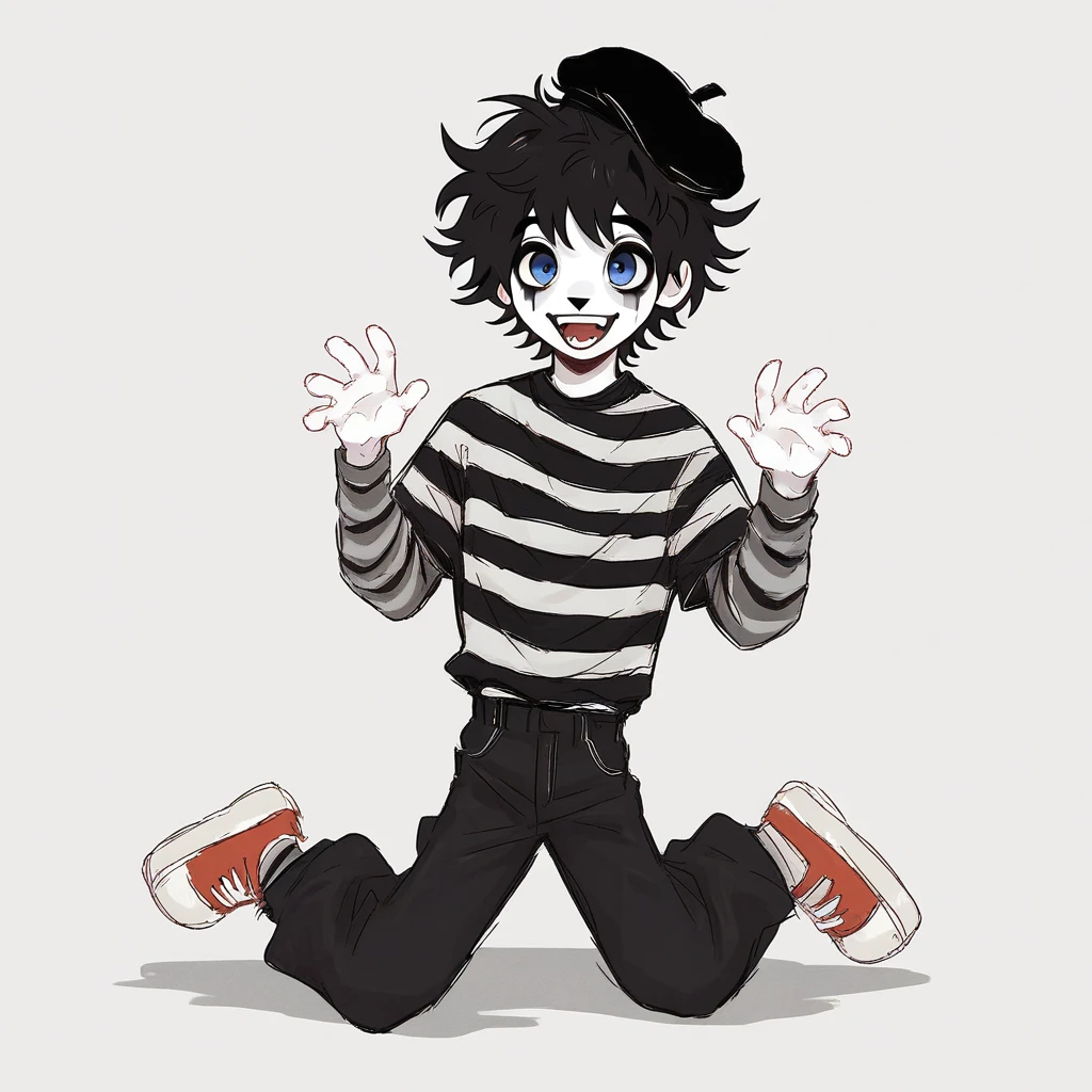adult tall male mime, shirt grunge, sketchy lines, messy hair, black hair, wearing a beret, score_8_up, score_9_up,happy, has mime makeup on, wearing a mime outfit, dark blue eyes, performing on the streets of paris, showing full body, on a city street, solo, alone, (SOLO)(ALONE) Dancing, arms out, hands open