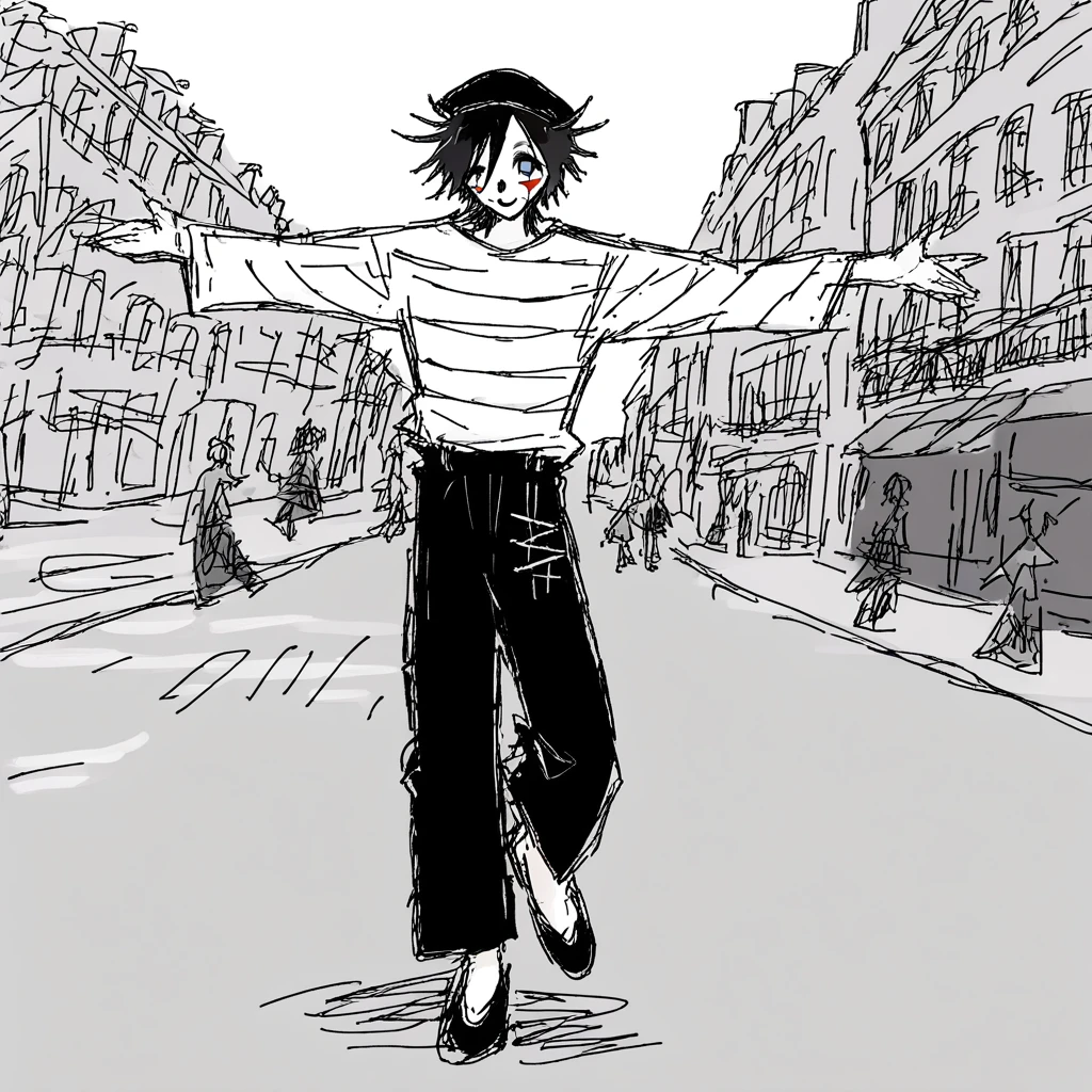 adult tall male mime, shirt grunge, sketchy lines, messy hair, black hair, wearing a beret, score_8_up, score_9_up,happy, has mime makeup on, wearing a mime outfit, dark blue eyes, performing on the streets of paris, showing full body, on a city street, solo, alone, (SOLO)(ALONE) Dancing, arms out, hands open