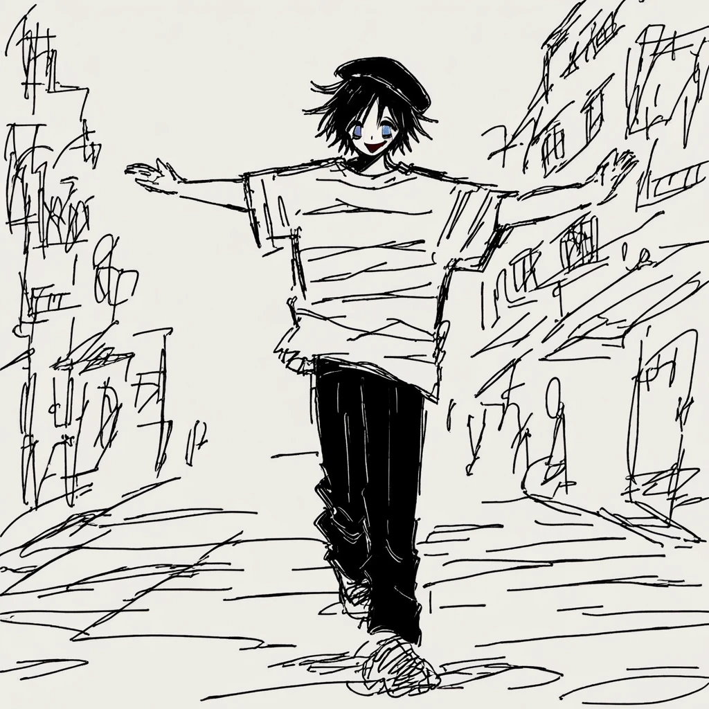 adult tall male mime, shirt grunge, sketchy lines, messy hair, black hair, wearing a beret, score_8_up, score_9_up,happy, has mime makeup on, wearing a mime outfit, dark blue eyes, performing on the streets of paris, showing full body, on a city street, solo, alone, (SOLO)(ALONE) Dancing, arms out, hands open