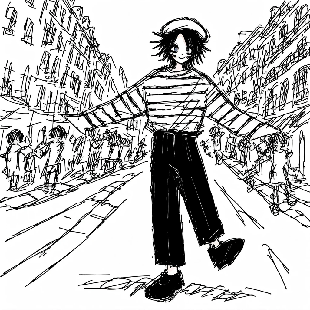 adult tall male mime, shirt grunge, sketchy lines, messy hair, black hair, wearing a beret, score_8_up, score_9_up,happy, has mime makeup on, wearing a mime outfit, dark blue eyes, performing on the streets of paris, showing full body, on a city street, solo, alone, (SOLO)(ALONE) Dancing, arms out, hands open