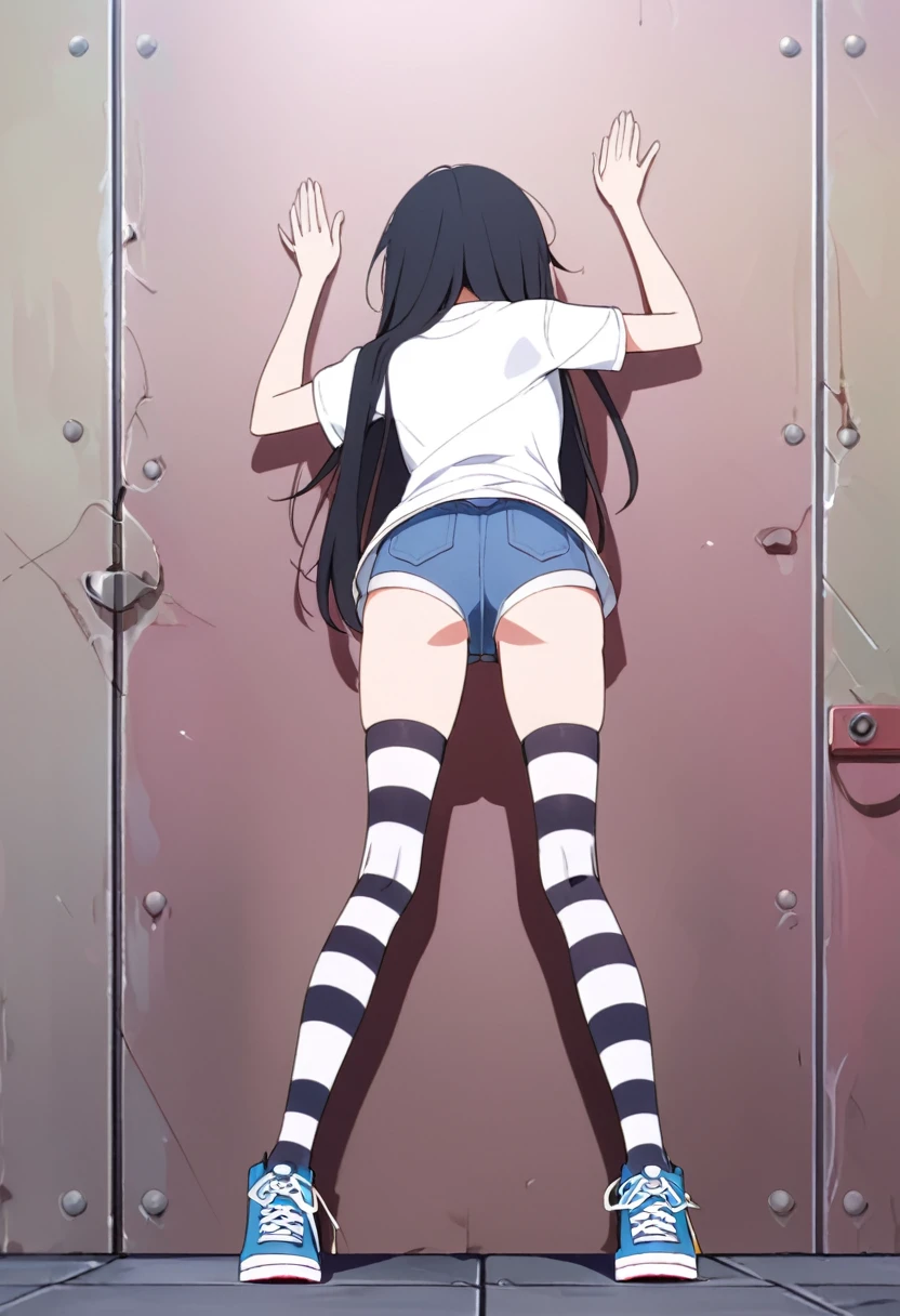 Black Hair, Long Hair, Cute Hips, lure, ,(Cotton shirt、hot pants、Striped thigh-high stockings、sneakers), (Turn around and put your hands on the wall), Bend、BREAK Perfect Anatomy、highest quality、(cute:1.1)、(cute)、(High resolution:1.2)、Unbelievably absurd:1.3、Incredible illustrations、(cuteイラスト:1.2)、Beautiful background、(1 girl) 、solo)、(10th Generation、JK、、Small breasts:1.2)、slender、、、、Eye highlights、(Rear insertion position)、embarrassed、、full body、(from behind、from below)
