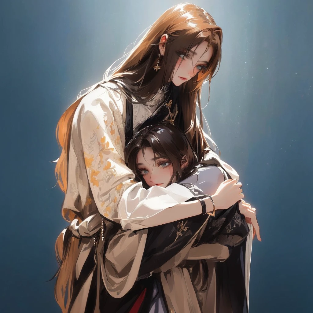 Jesus is holding a  and hugging him with a sad face, Jesus hugging a woman, beautiful illustration, Jesus christ, Emotionales Bild, beautiful masterpiece, ! in der Hand haltend !, absolut herausragendes Bild, emotionale Konzeptkunst, very beautiful masterpiece, Jesus, most beautiful picture of all time, by László Balogh, Christliche Kunst, Vater, mit Kind