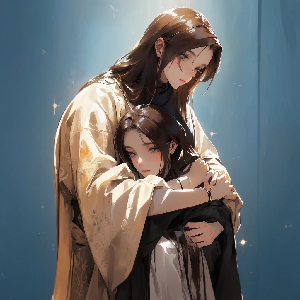 Jesus is holding a  and hugging him with a sad face, Jesus hugging a woman, beautiful illustration, Jesus christ, Emotionales Bild, beautiful masterpiece, ! in der Hand haltend !, absolut herausragendes Bild, emotionale Konzeptkunst, very beautiful masterpiece, Jesus, most beautiful picture of all time, by László Balogh, Christliche Kunst, Vater, mit Kind