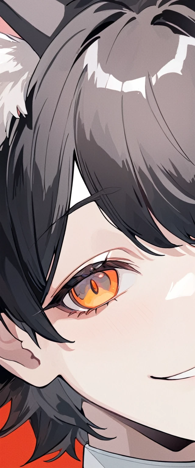 The Minimalists,Fashion Girl,There is a pair of cat ears on the head,Black hair,Red background,Bohemian style,Clear lashes,Full of bright orange eyes,Clean通透的眼珠,close up,Portrait facing camera,Smile flat illustration,Tilting his head slightly,geometry,Clean,Japanese Manga