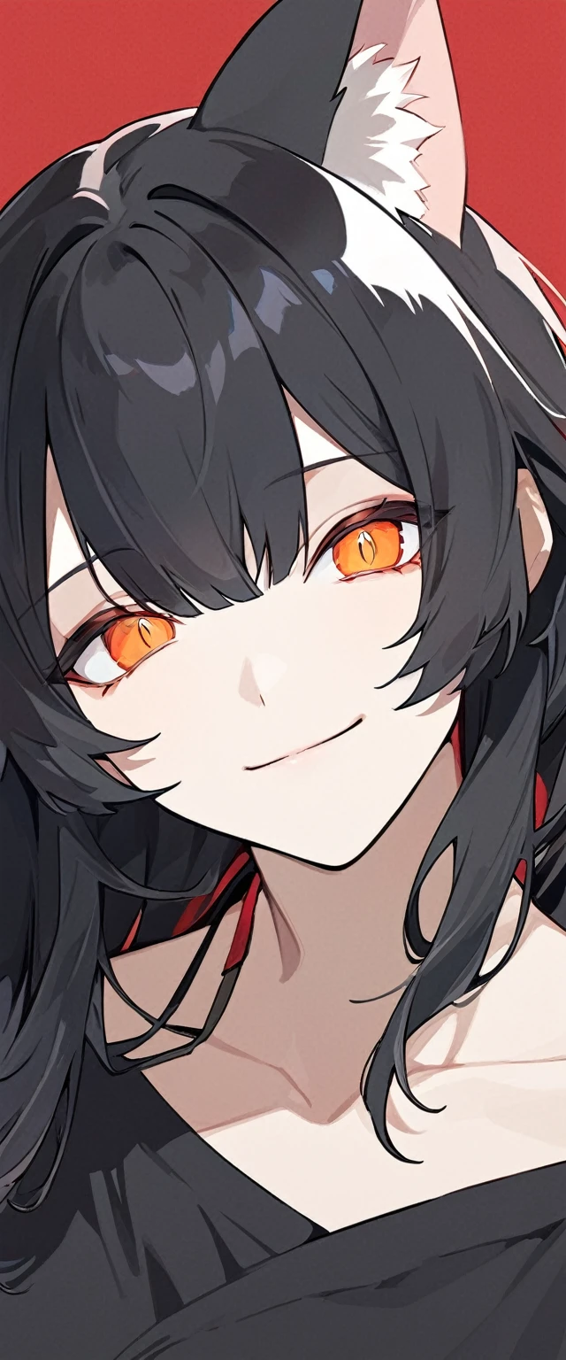 The Minimalists，Fashion Girl，There is a pair of cat ears on the head，Black hair，Red background，Bohemian style，Clear lashes，Full of bright orange eyes，Clean通透的眼珠，close up，Portrait facing camera，Smile flat illustration，Tilting his head slightly，geometry，Clean，Japanese Manga