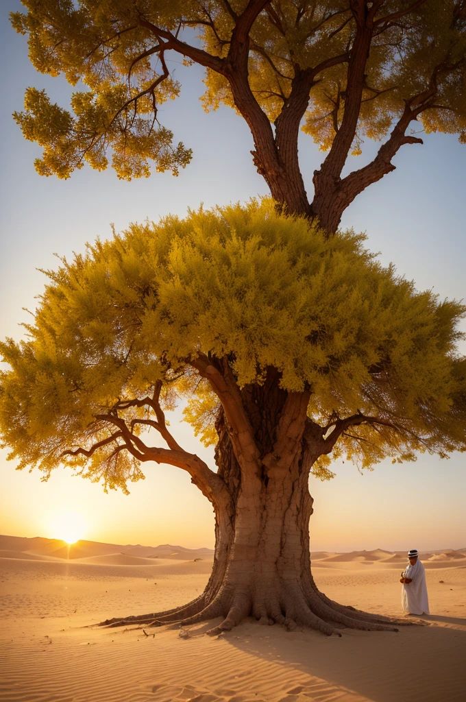 Arabian desert with just a very large tree with yellow flowers and an Arab man with a mustache underneath it watching the sunset