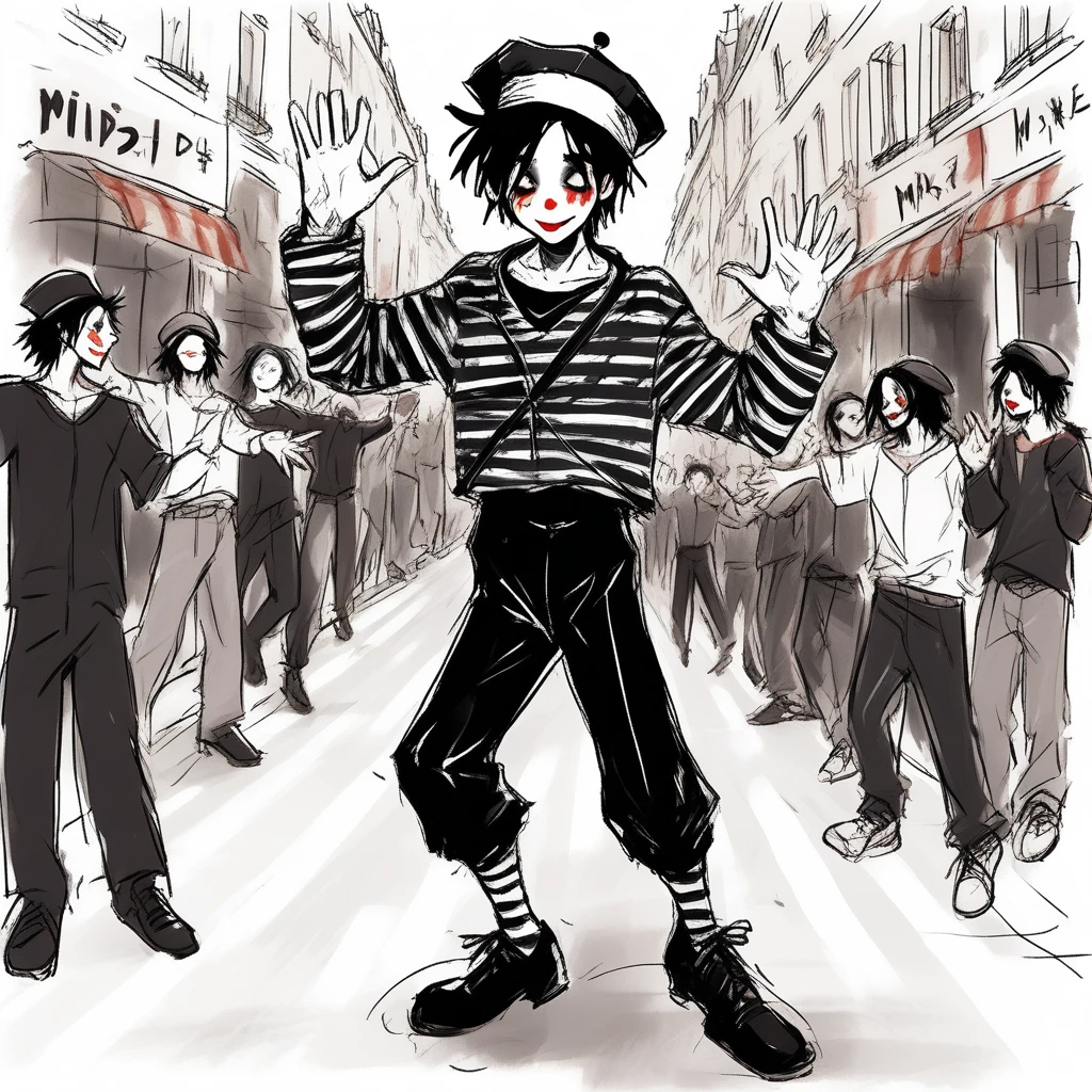 adult tall male mime, shirt grunge, sketchy lines, messy hair, black hair, wearing a beret, score_8_up, score_9_up,happy, has mime makeup on, wearing a mime outfit, dark blue eyes, performing on the streets of paris, showing full body, on a city street, solo, alone, (SOLO)(ALONE) Dancing, arms out, hands open
