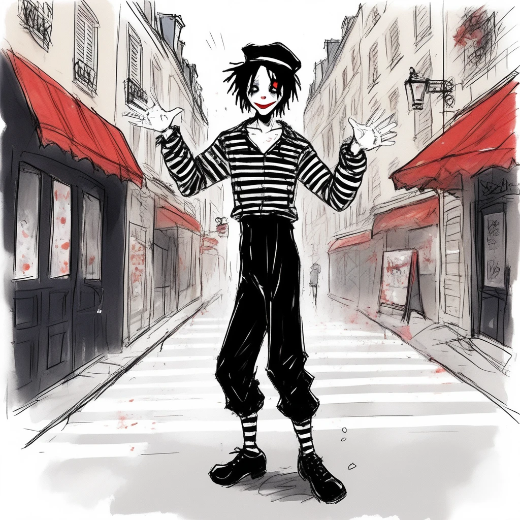 adult tall male mime, shirt grunge, sketchy lines, messy hair, black hair, wearing a beret, score_8_up, score_9_up,happy, has mime makeup on, wearing a mime outfit, dark blue eyes, performing on the streets of paris, showing full body, on a city street, solo, alone, (SOLO)(ALONE) Dancing, arms out, hands open