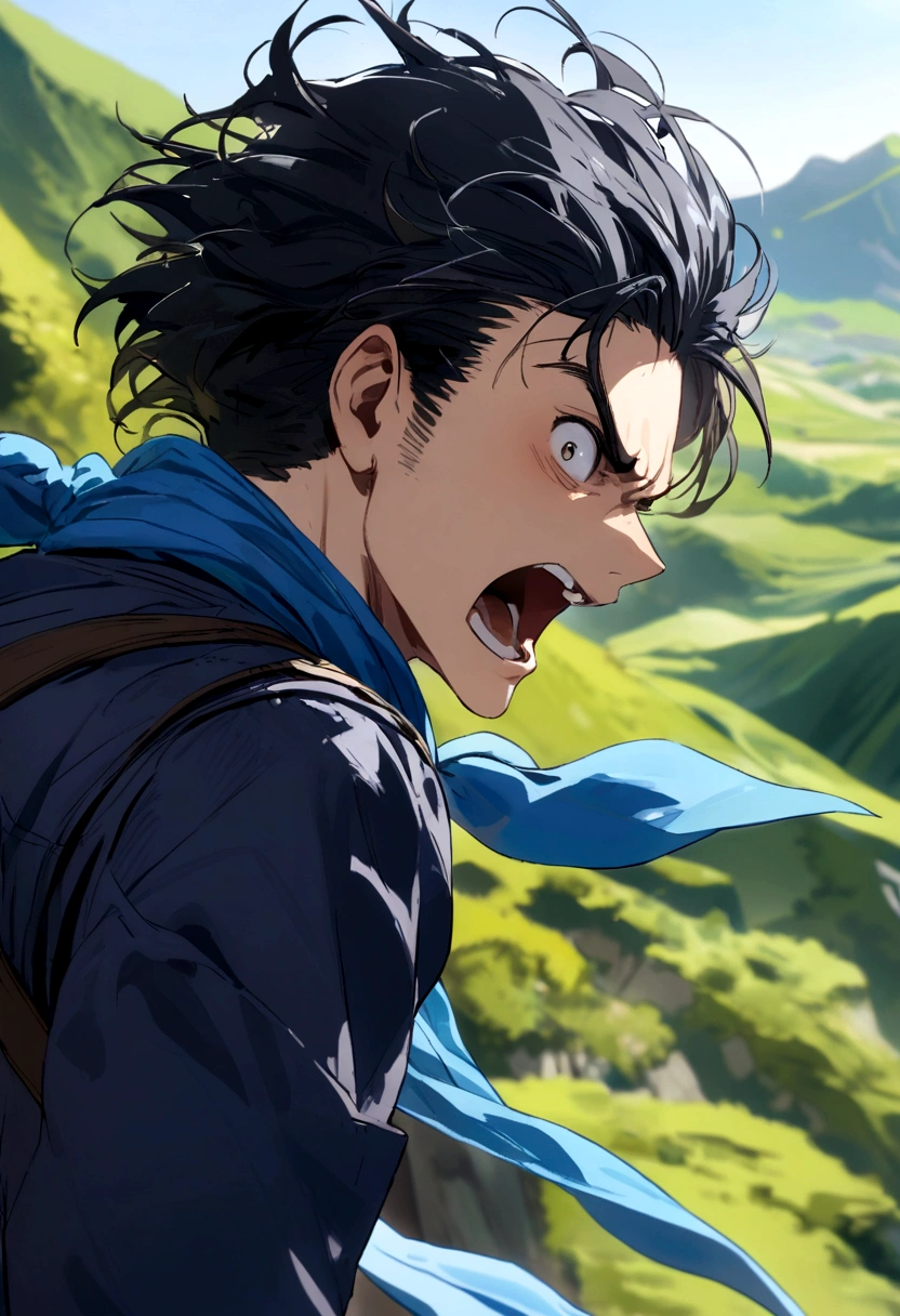 young man, black hair, blue bandana waving in the wind, furious, dark blue jacket, green mountains background, day