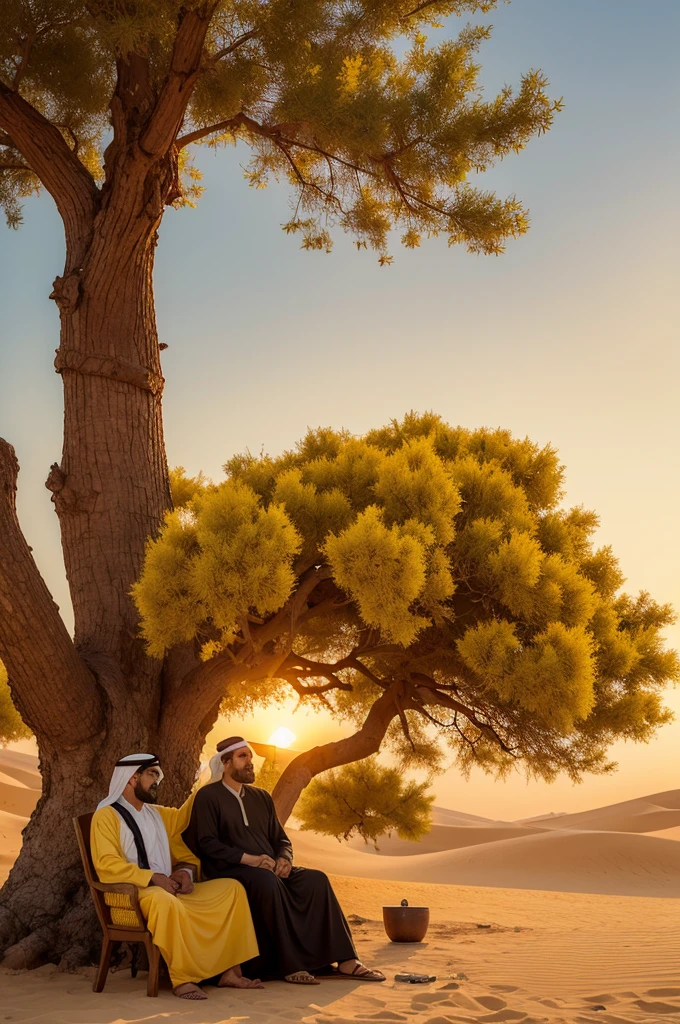  Arabian desert with just a very large tree with yellow flowers and an Arab man with a mustache sitting under it watching the sunset
