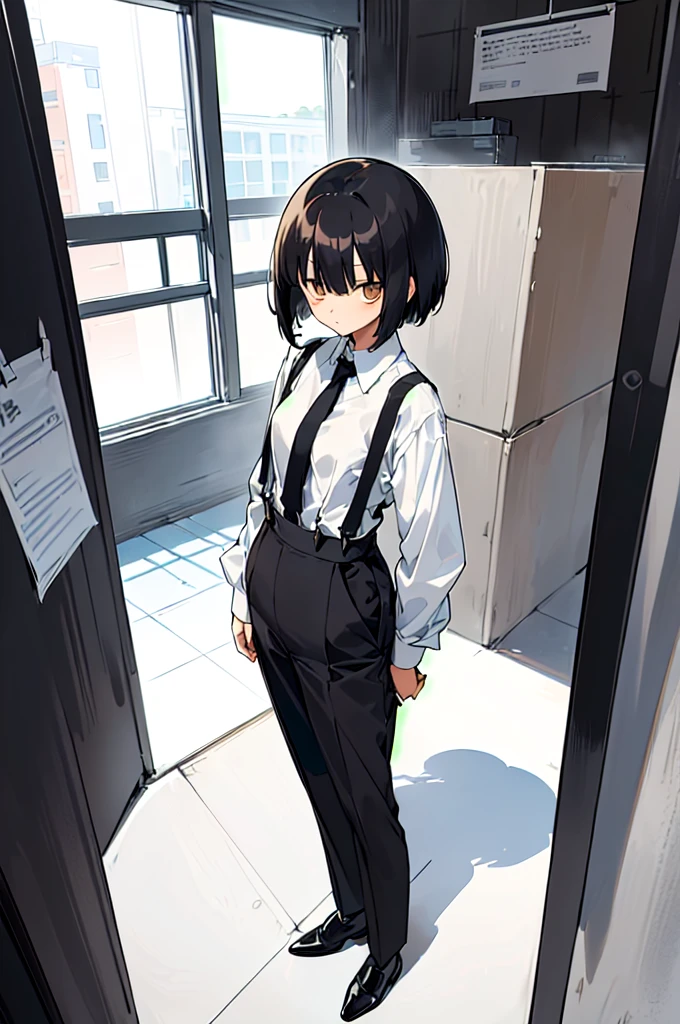 (((shy girl))), ((((shy posture)))), (((1 Girl))), (((standing up))), (((full body))), (((amber-colored irises))), ((flat chested)), ((((Urabe Mikoto from Mysterious Girlfriend X anime style haircut)))), (((hair over eyes)))), ((((eyes hiding behind hair)))), (((short black wavy hair in a messy bob-cut))), ((((((eyes covered by bangs)))))), (((curly bob-cut))), ((((black high-waist long slacks)))), ((black suspenders)), (((black tie))), (((women's dress shirt))), ((women's dress shoes)), ((20-year-old Office Lady)), ((((Office Setting))).