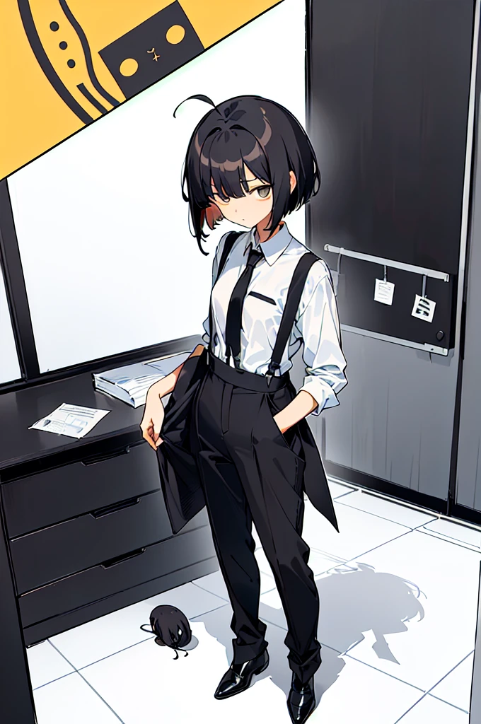 (((shy girl))), ((((shy posture)))), (((1 Girl))), (((standing up))), (((full body))), (((amber-colored irises))), ((flat chested)), ((((Urabe Mikoto from Mysterious Girlfriend X anime style haircut)))), (((hair over eyes)))), ((((eyes hiding behind hair)))), (((short black wavy hair in a messy bob-cut))), ((((((eyes covered by bangs)))))), (((curly bob-cut))), ((((black high-waist long slacks)))), ((black suspenders)), (((black tie))), (((women's dress shirt))), ((women's dress shoes)), ((20-year-old Office Lady)), ((((Office Setting))).