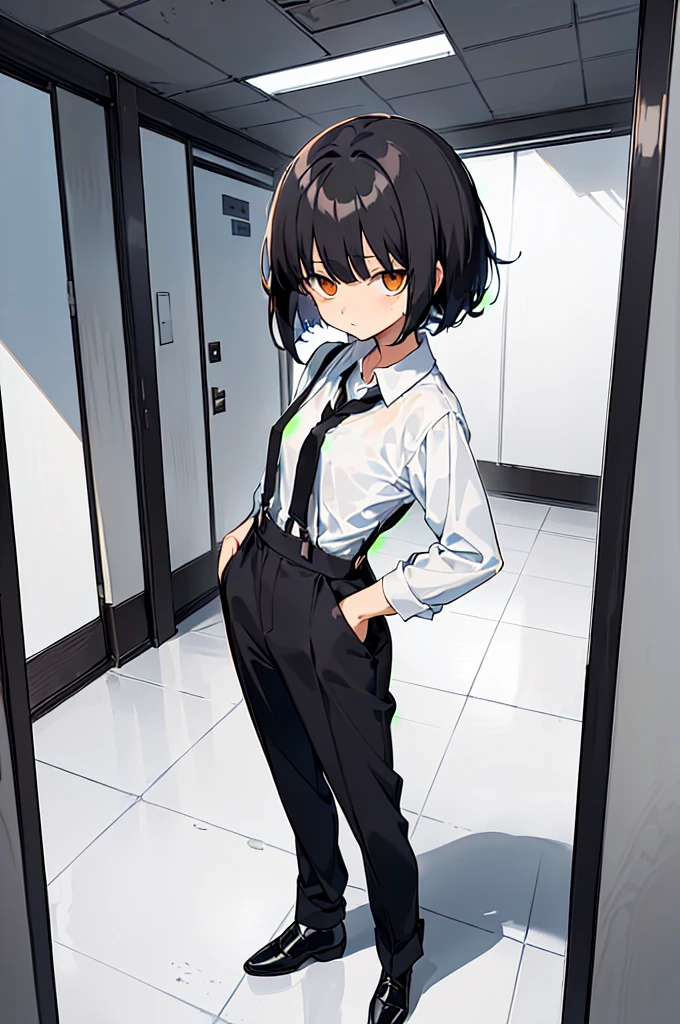 (((shy girl))), ((((shy posture)))), (((1 Girl))), (((standing up))), (((full body))), (((amber-colored irises))), ((flat chested)), ((((Urabe Mikoto from Mysterious Girlfriend X anime style haircut)))), (((hair over eyes)))), ((((eyes hiding behind hair)))), (((short black wavy hair in a messy bob-cut))), ((((((eyes covered by bangs)))))), (((curly bob-cut))), ((((black high-waist long slacks)))), ((black suspenders)), (((black tie))), (((women's dress shirt))), ((women's dress shoes)), ((20-year-old Office Lady)), ((((Office Setting))).