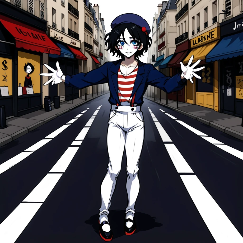 adult tall male mime, shirt grunge, sketchy lines, messy hair, black hair, wearing a beret, score_8_up, score_9_up,happy, has mime makeup on, wearing a mime outfit, dark blue eyes, performing on the streets of paris, showing full body, on a city street, solo, alone, (SOLO)(ALONE) Dancing, arms out, hands open
