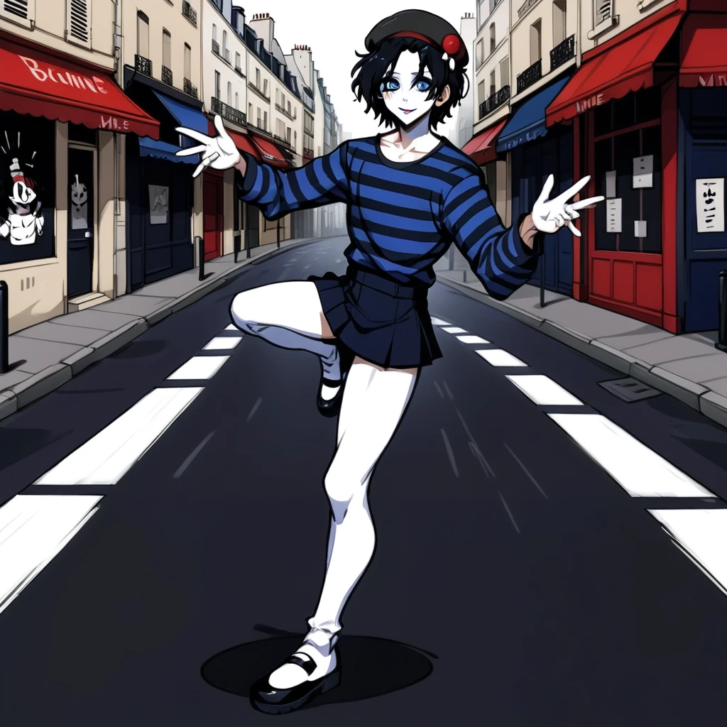 adult tall male mime, shirt grunge, sketchy lines, messy hair, black hair, wearing a beret, score_8_up, score_9_up,happy, has mime makeup on, wearing a mime outfit, dark blue eyes, performing on the streets of paris, showing full body, on a city street, solo, alone, (SOLO)(ALONE) Dancing, arms out, hands open