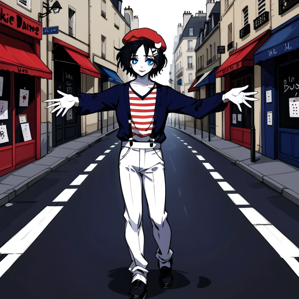 adult tall male mime, shirt grunge, sketchy lines, messy hair, black hair, wearing a beret, score_8_up, score_9_up,happy, has mime makeup on, wearing a mime outfit, dark blue eyes, performing on the streets of paris, showing full body, on a city street, solo, alone, (SOLO)(ALONE) Dancing, arms out, hands open