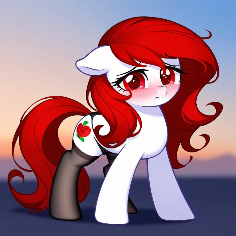 red hair, white body, red eyes, long hair, sky face, stockings, shy pose, panties, cameltoe, behind view, my little pony