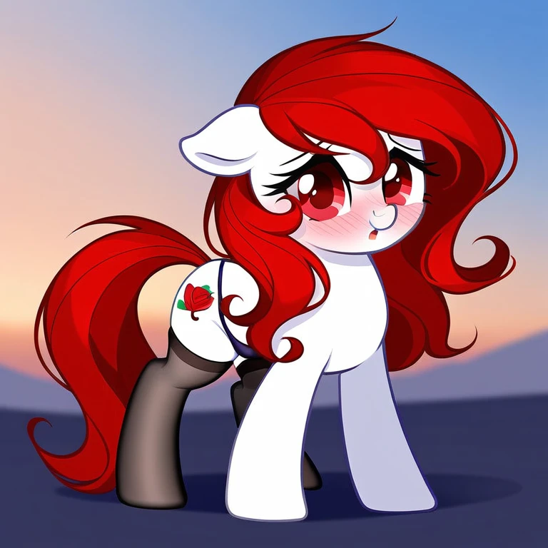 red hair, white body, red eyes, long hair, sky face, stockings, shy pose, panties, cameltoe, behind view, my little pony