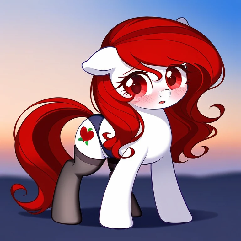 red hair, white body, red eyes, long hair, sky face, stockings, shy pose, panties, cameltoe, behind view, my little pony