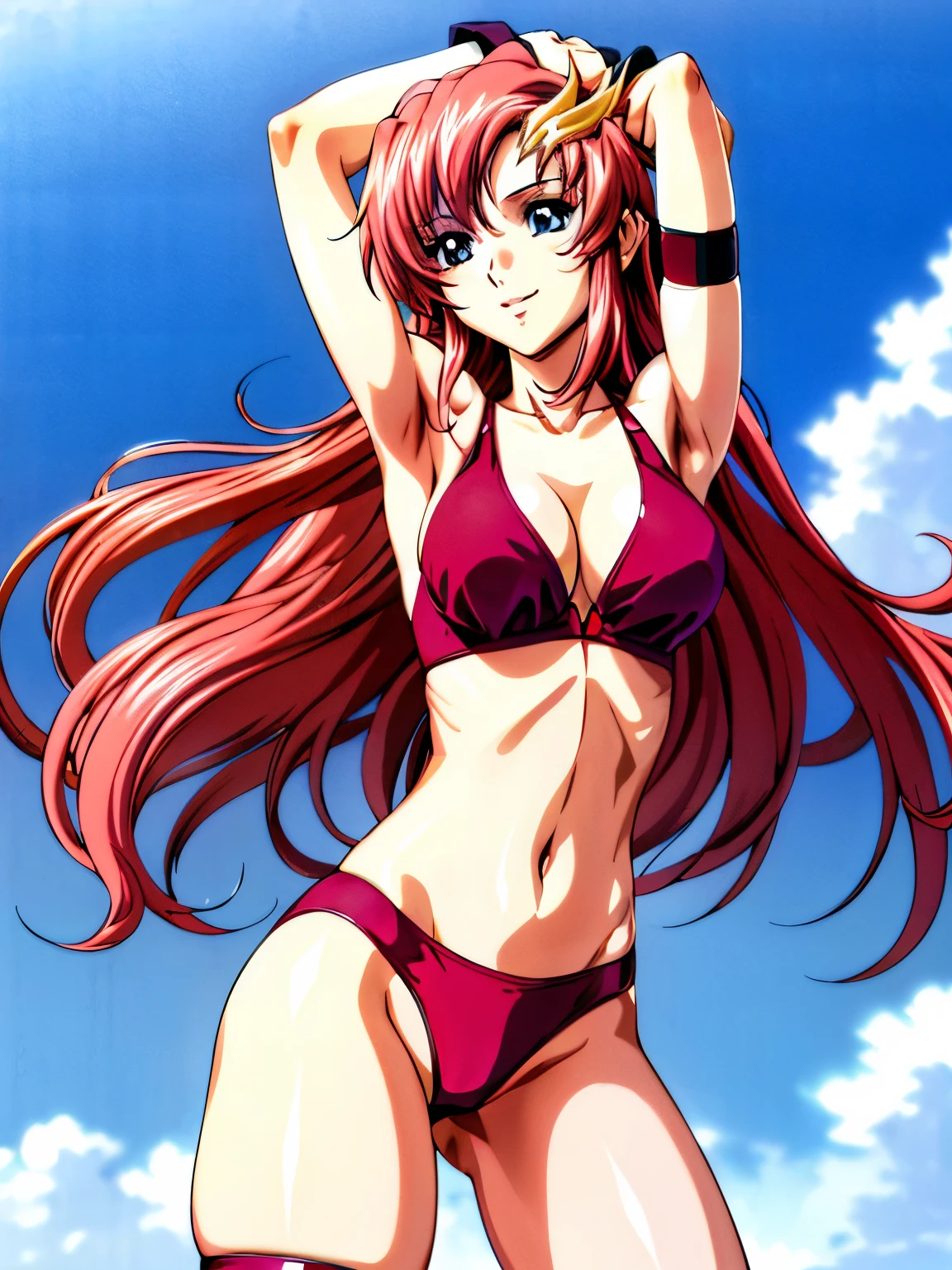 lacus4, (red bikini, running, thong, tall girl, masterpiece, cowboy shot, very slim shoulders, 4K, Best Quality, Anime style: 1.9, happy, Adult Woman, (ultra detailed head), (Crowd, cloud background), Drawing lines, high resolution, lacus4), 1girl, Solo, curvy figure, clavicle, scapular, (Detailed wide hair bangs, very long hair, Hair Ornament, Detailed reddish-pink hair, free flowing hair, shiny streaks, slim arms, detailed golden crest), cleavage, (hair cover shoulders). (Big blue eyes, shiny eyes), ((female wrestler, (slim body), slim arms, thighs)), ((perfect proportions, medium breasts, medium thighs, long belly)), ((totally red bra, leg strap)), smile with a wink, (standing, hot colors), detailed fingers, (bare shoulder, stretching, one arm up, shaved armpit, looking away)
