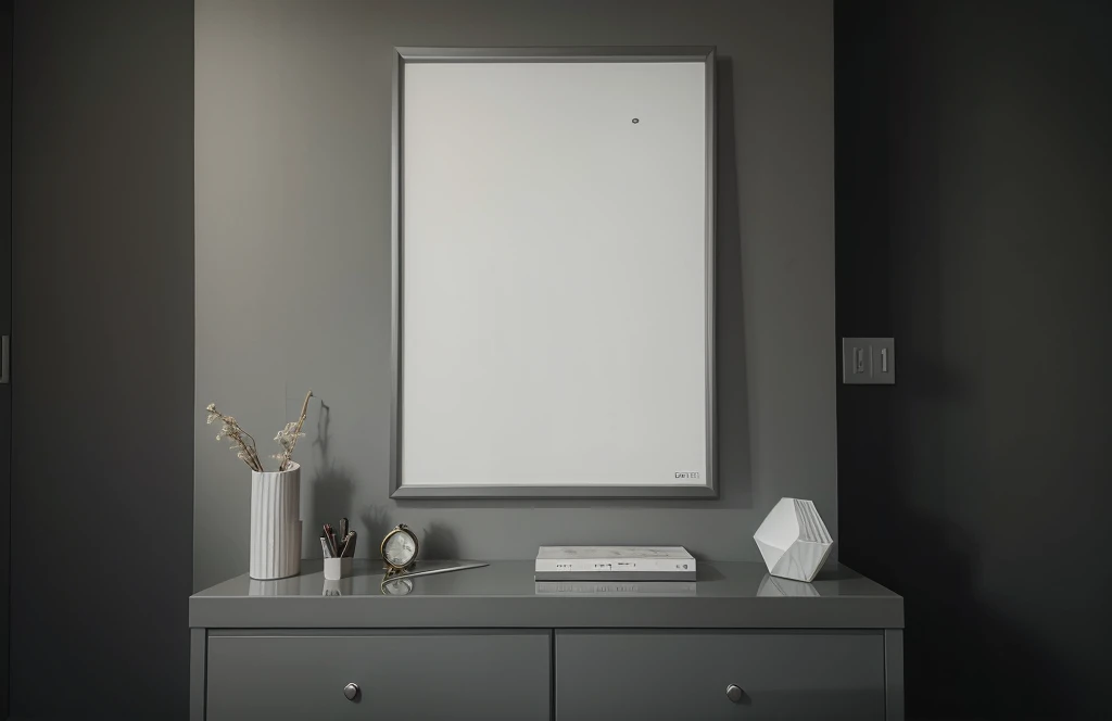 Grey gallery room interior with drawer and decoration, mockup frame