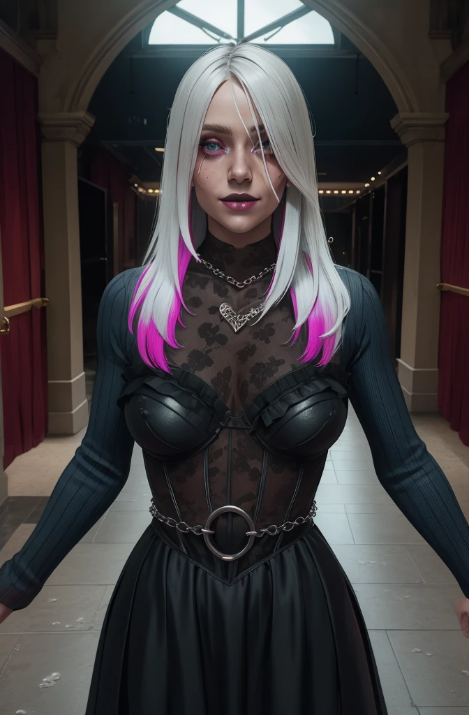 sable,mark on face,pomade,White hair,long hair,grey eyes,multicolored hair,
black dress,naked tits covered in cum,I look at the viewer,Long sleeves,close-up,A slight smile,
standing,Upper body,heart necklace,gem,
night,city,entrance to the theater,
(insanely detailed, Beautiful ,masterpiece, Best quality) One,