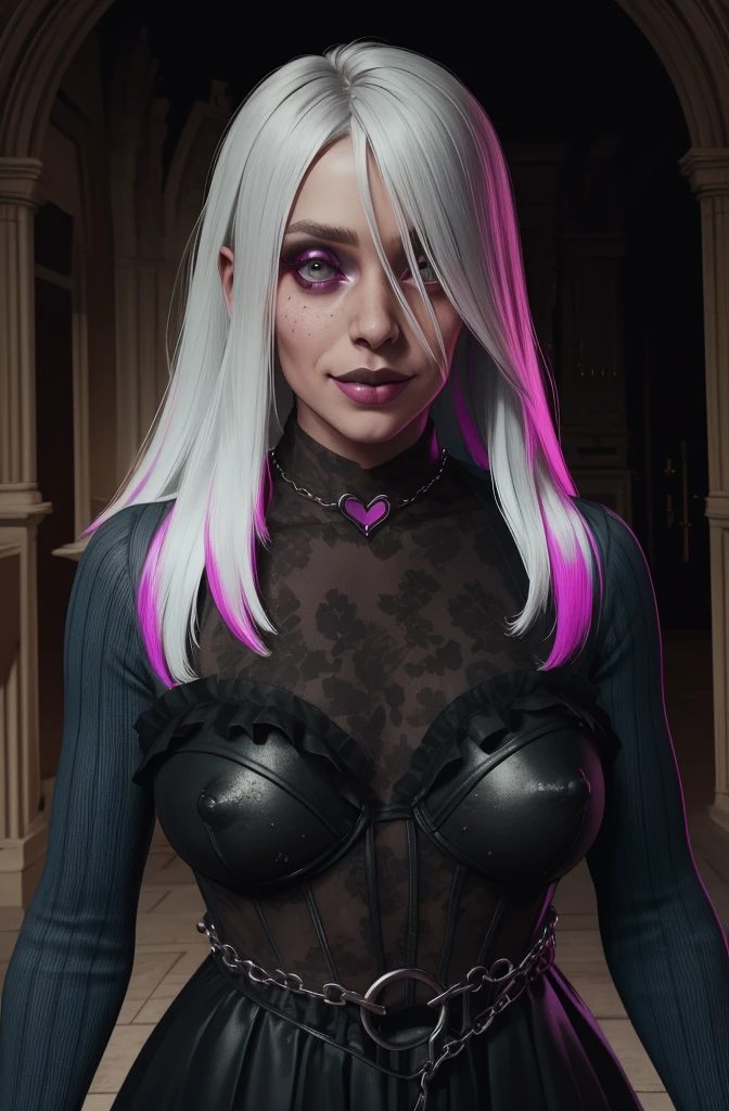 sable,mark on face,pomade,White hair,long hair,grey eyes,multicolored hair,
black dress,naked tits covered in cum,I look at the viewer,Long sleeves,close-up,A slight smile,
standing,Upper body,heart necklace,gem,
night,city,entrance to the theater,
(insanely detailed, Beautiful ,masterpiece, Best quality) One,