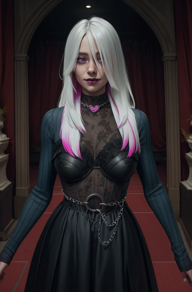 sable,mark on face,pomade,White hair,long hair,grey eyes,multicolored hair,
black dress,naked tits covered in cum,I look at the viewer,Long sleeves,close-up,A slight smile,
standing,Upper body,heart necklace,gem,
night,city,entrance to the theater,
(insanely detailed, Beautiful ,masterpiece, Best quality) One,