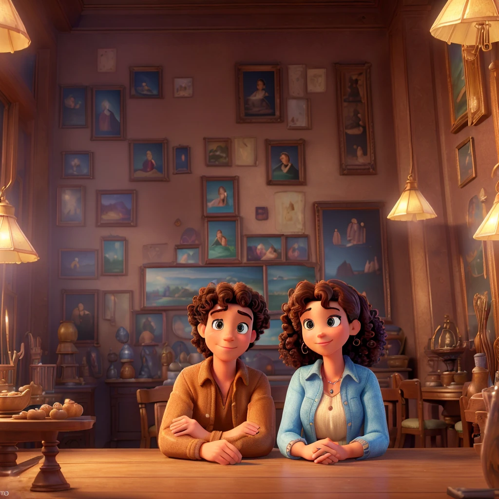 (best quality,4k,8k,highres,masterpiece:1.2),ultra-detailed,(realistic,photorealistic,photo-realistic:1.37),disney style 3D cartoon, man and woman in an antique shop, dark curly hair, sitting on chairs, detailed interior, warm lighting, cozy atmosphere, intricate details, vibrant colors, soft focus, cinematic composition