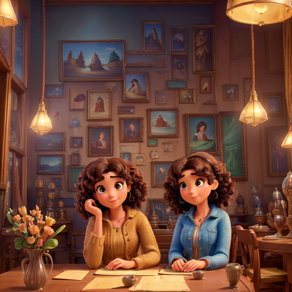 (best quality,4k,8k,highres,masterpiece:1.2),ultra-detailed,(realistic,photorealistic,photo-realistic:1.37),disney style 3D cartoon, man and woman in an antique shop, dark curly hair, sitting on chairs, detailed interior, warm lighting, cozy atmosphere, intricate details, vibrant colors, soft focus, cinematic composition