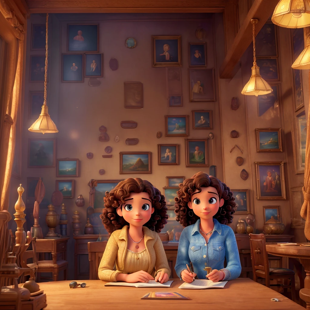 (best quality,4k,8k,highres,masterpiece:1.2),ultra-detailed,(realistic,photorealistic,photo-realistic:1.37),disney style 3D cartoon, man and woman in an antique shop, dark curly hair, sitting on chairs, detailed interior, warm lighting, cozy atmosphere, intricate details, vibrant colors, soft focus, cinematic composition