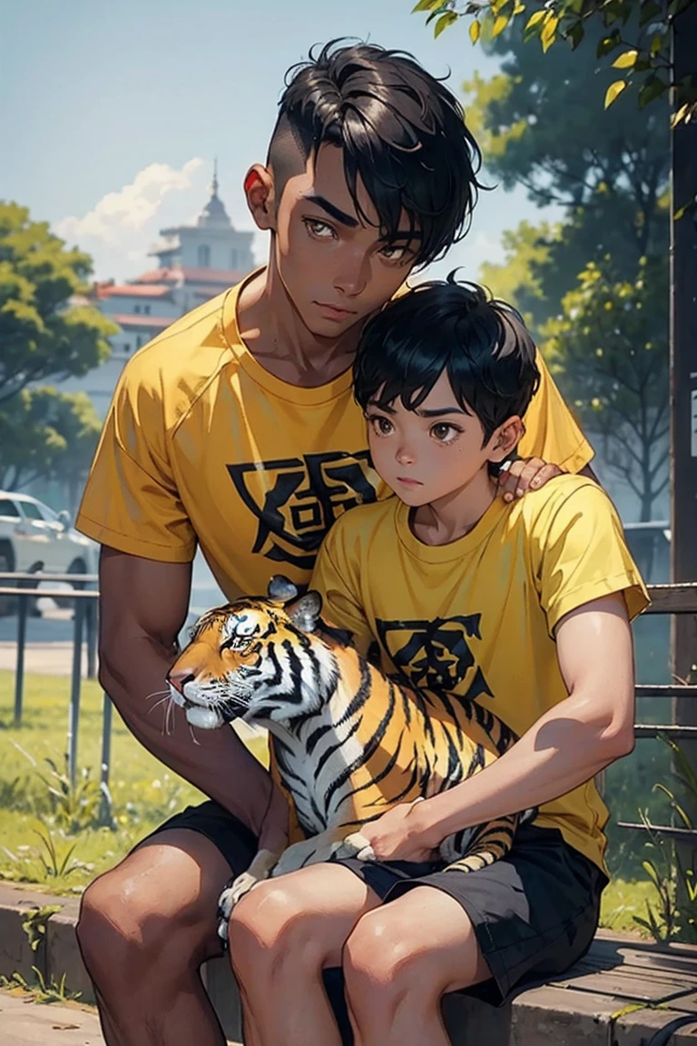 man1,black skin,round face,brown eyes,black hair,high skin fade haircut for short hair,yellow t-shirt,(a tiger as a pet,crow sits on her shoulder),Sitting on the park,retina,masterpiece,ccurate,anatomical correct, textured skin,super detail,high quality,high details,best quality,highres,UHD,1080P