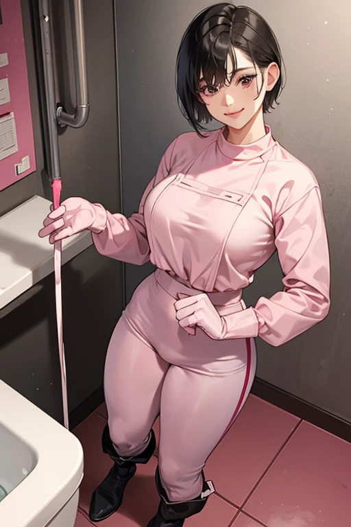 Wearing large pink rubber gloves and white rubber boots、A muscular, short-haired, black-haired mature woman wearing a red long-sleeved, long-pants gym uniform cleaning the dirty toilets at her school with a gentle smile