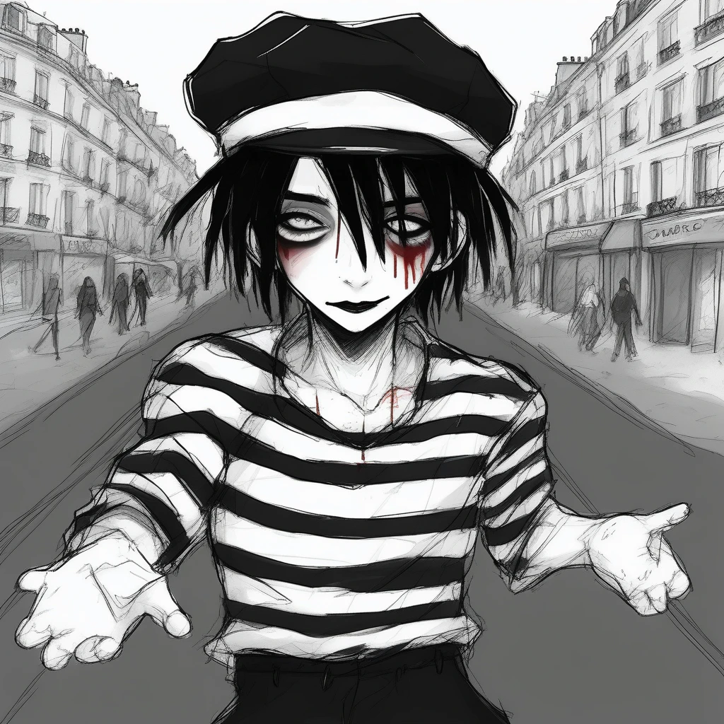 adult tall male mime, shirt grunge, sketchy lines, messy hair, black hair, wearing a beret, score_8_up, score_9_up,happy, has mime makeup on, wearing a mime outfit, dark blue eyes, performing on the streets of paris, showing full body, on a city street, solo, alone, (SOLO)(ALONE) Dancing, arms out, hands open