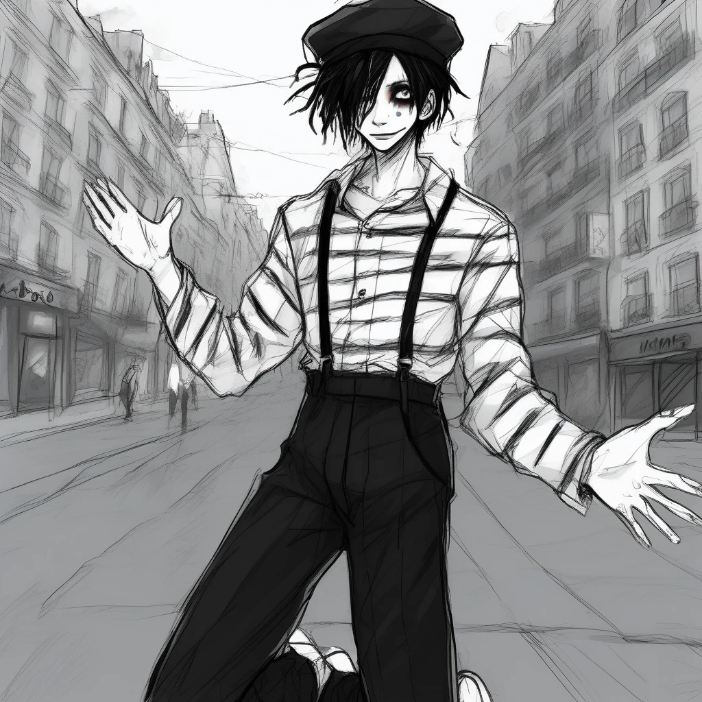 adult tall male mime, shirt grunge, sketchy lines, messy hair, black hair, wearing a beret, score_8_up, score_9_up,happy, has mime makeup on, wearing a mime outfit, dark blue eyes, performing on the streets of paris, showing full body, on a city street, solo, alone, (SOLO)(ALONE) Dancing, arms out, hands open