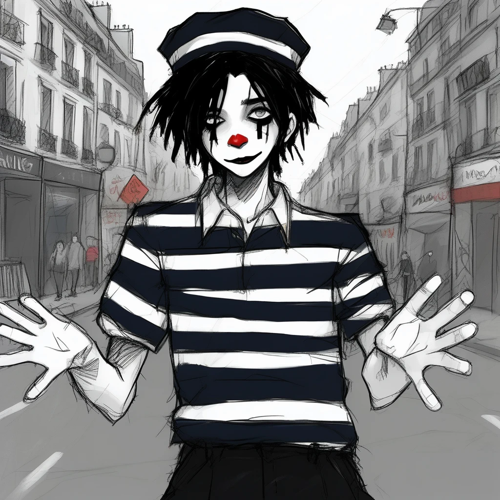 adult tall male mime, shirt grunge, sketchy lines, messy hair, black hair, wearing a beret, score_8_up, score_9_up,happy, has mime makeup on, wearing a mime outfit, dark blue eyes, performing on the streets of paris, showing full body, on a city street, solo, alone, (SOLO)(ALONE) Dancing, arms out, hands open