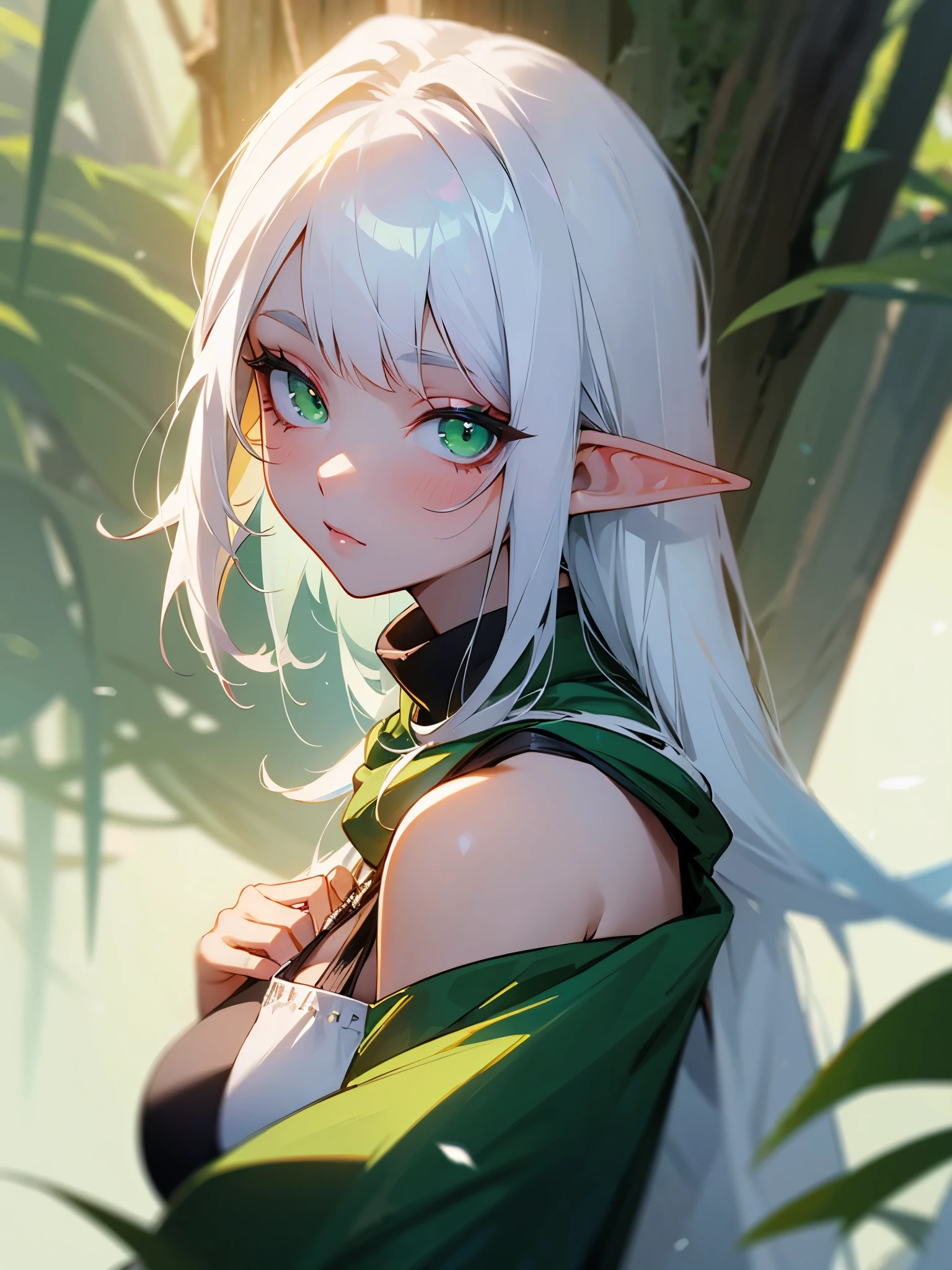 Hot girl elf, white hair, green eyes