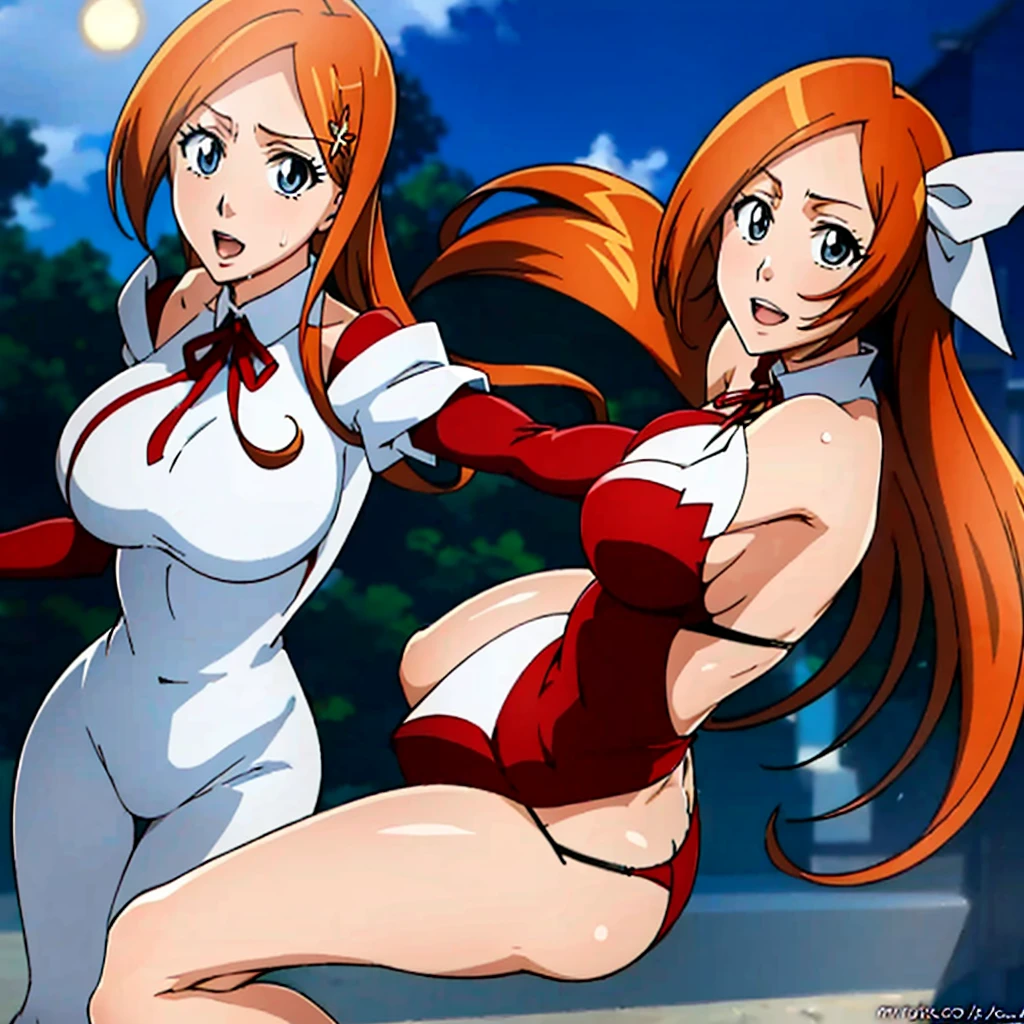 Tabletop, highest quality, Medium orange hair, Virgin-killing clothes, Large exposure of the chest, Big eyes, Cute Face, Realistic, Big Ass, Big Breasts, Her breasts and buttocks are completely visible, Pay attention to the butt, Orihime Inoue, A woman alone in the park, Red ribbon around neck., Slender body, Bleach Anime, Orihime, Gorgeous sheer panties, Wet body, Crouch down, M-shaped legs, Showing off your crotch, Open your knees wide