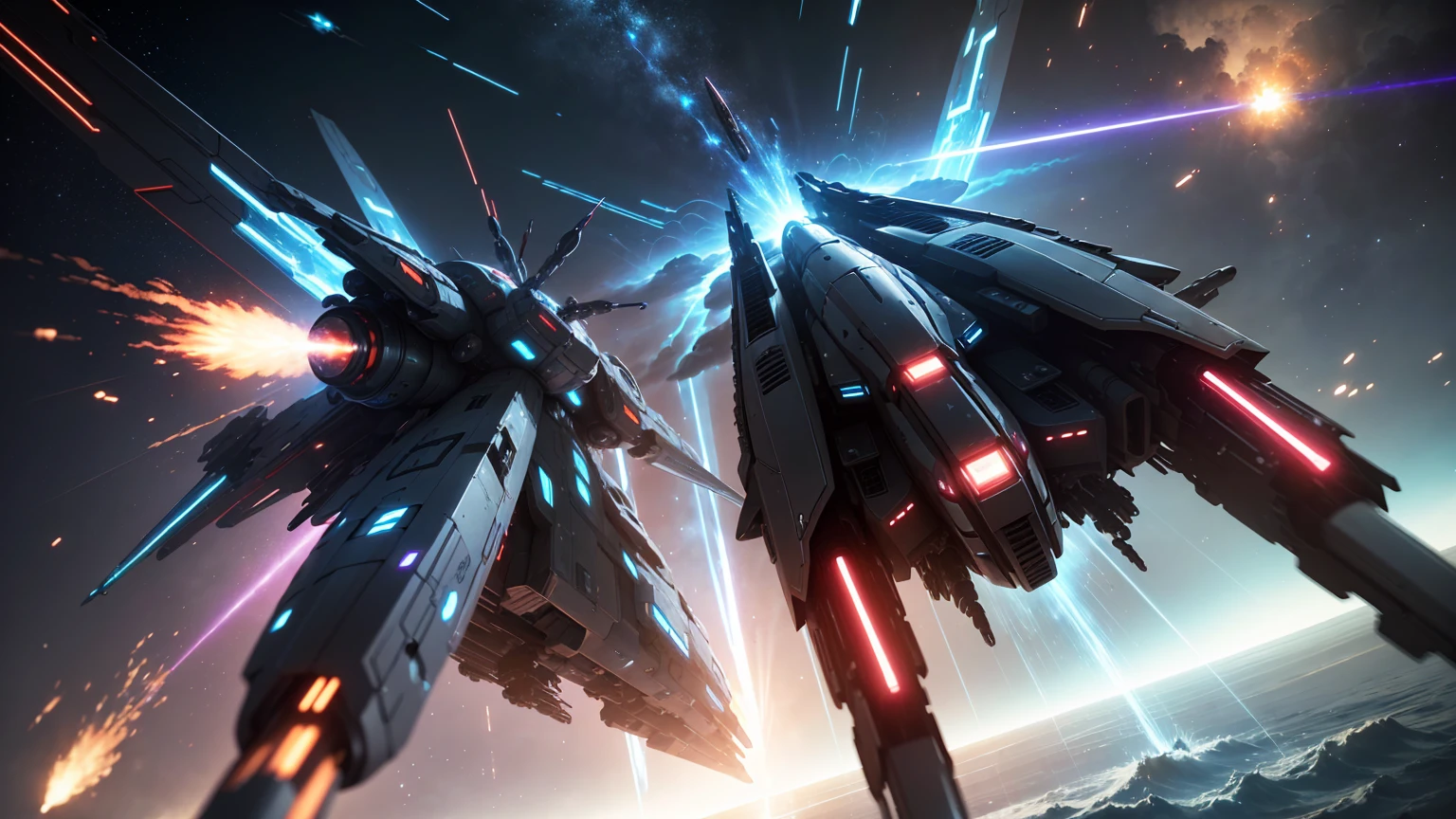 a detailed sci-fi futuristic space battleship battle scene, two large fleets of advanced spaceships engaging in combat, intense laser fire, explosions, photorealistic, cinematic dramatic lighting, vibrant colors, intricate mechanical details, engineering, advanced technology, depth of field, masterpiece